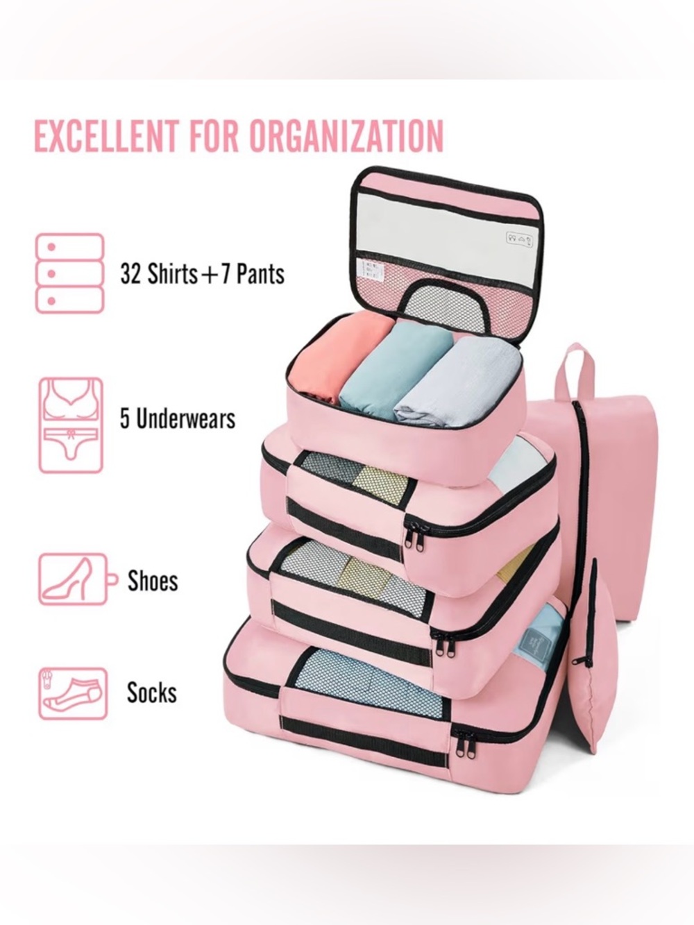8-Piece Pink Travel Packing Cube Set with Hanging Toiletry Bag - Picture 4 of 7